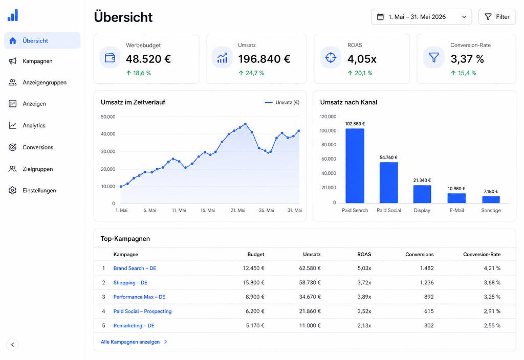 Kampagnen-Dashboard mit Umsatzverlauf, ROAS und Conversion-Rate je Kanal