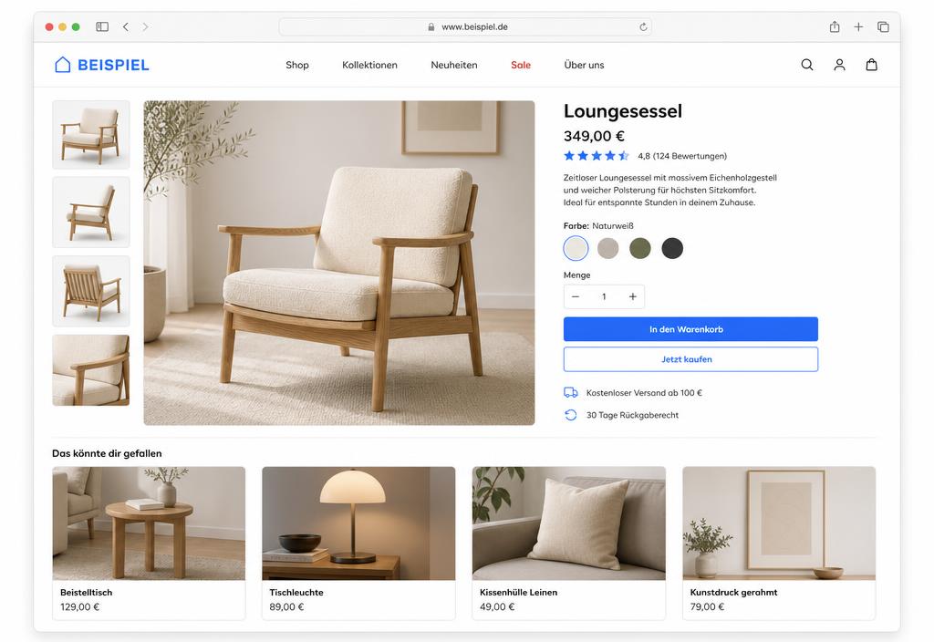 Produktseite eines Shopify Stores mit klarer Struktur, Varianten-Auswahl und Kaufbereich